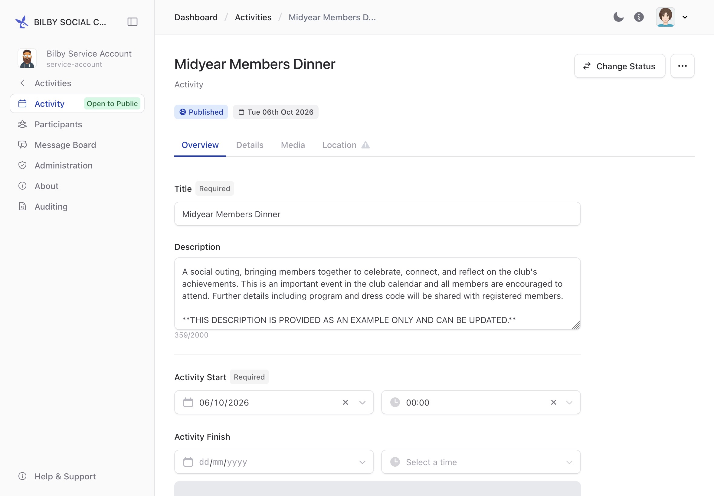 Activity administration for another user