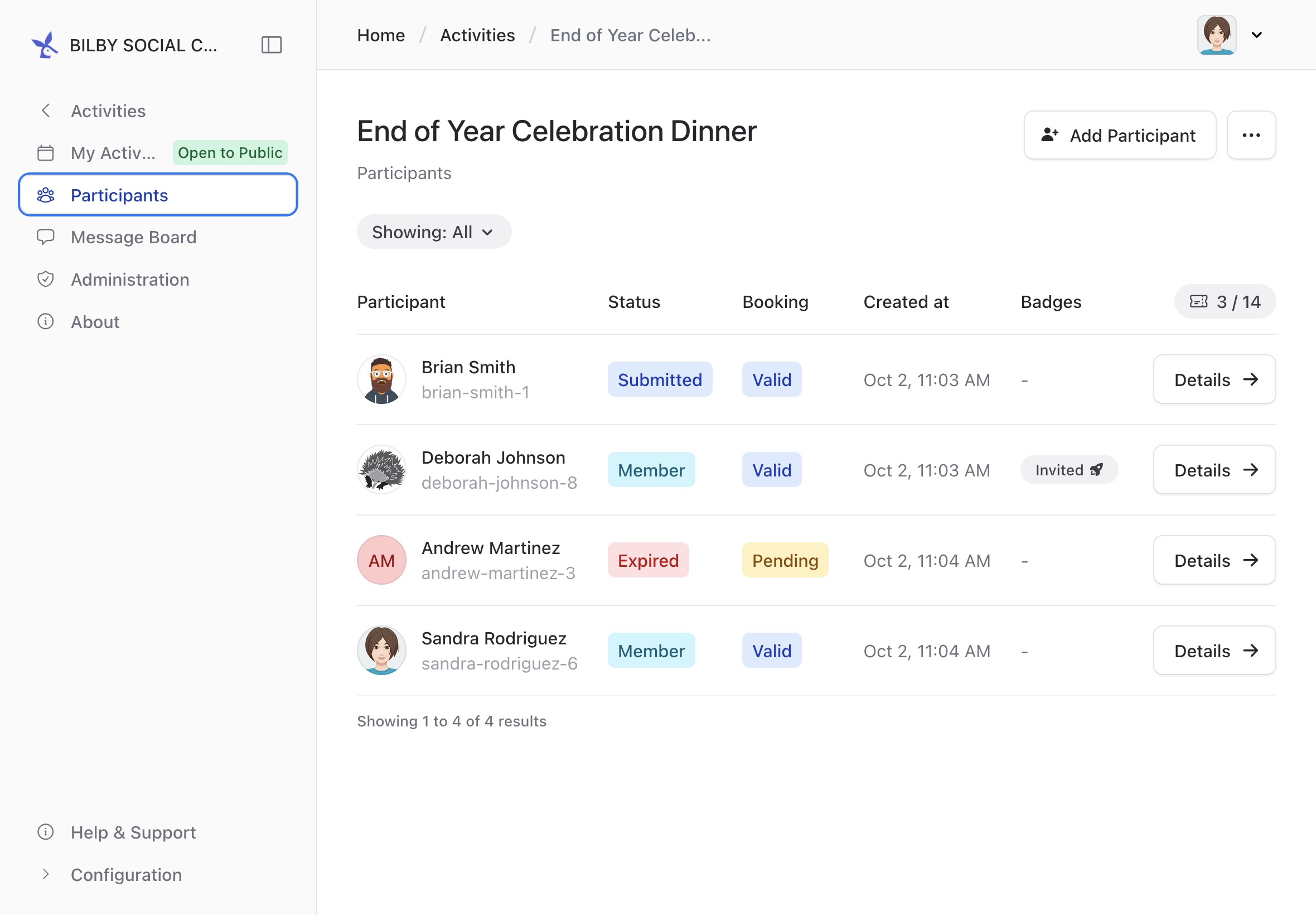 Activity participants screenshot