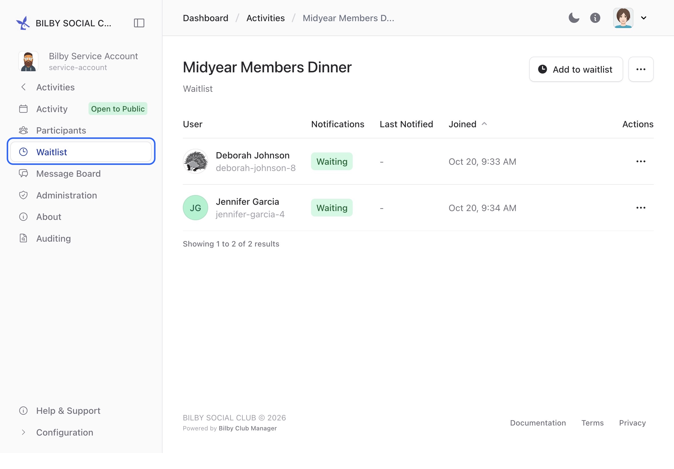 Activity waitlist