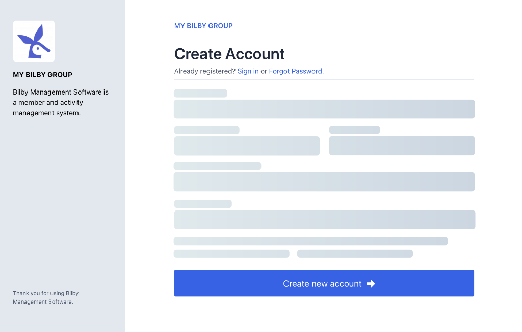 Screenshot of Bilby registration form